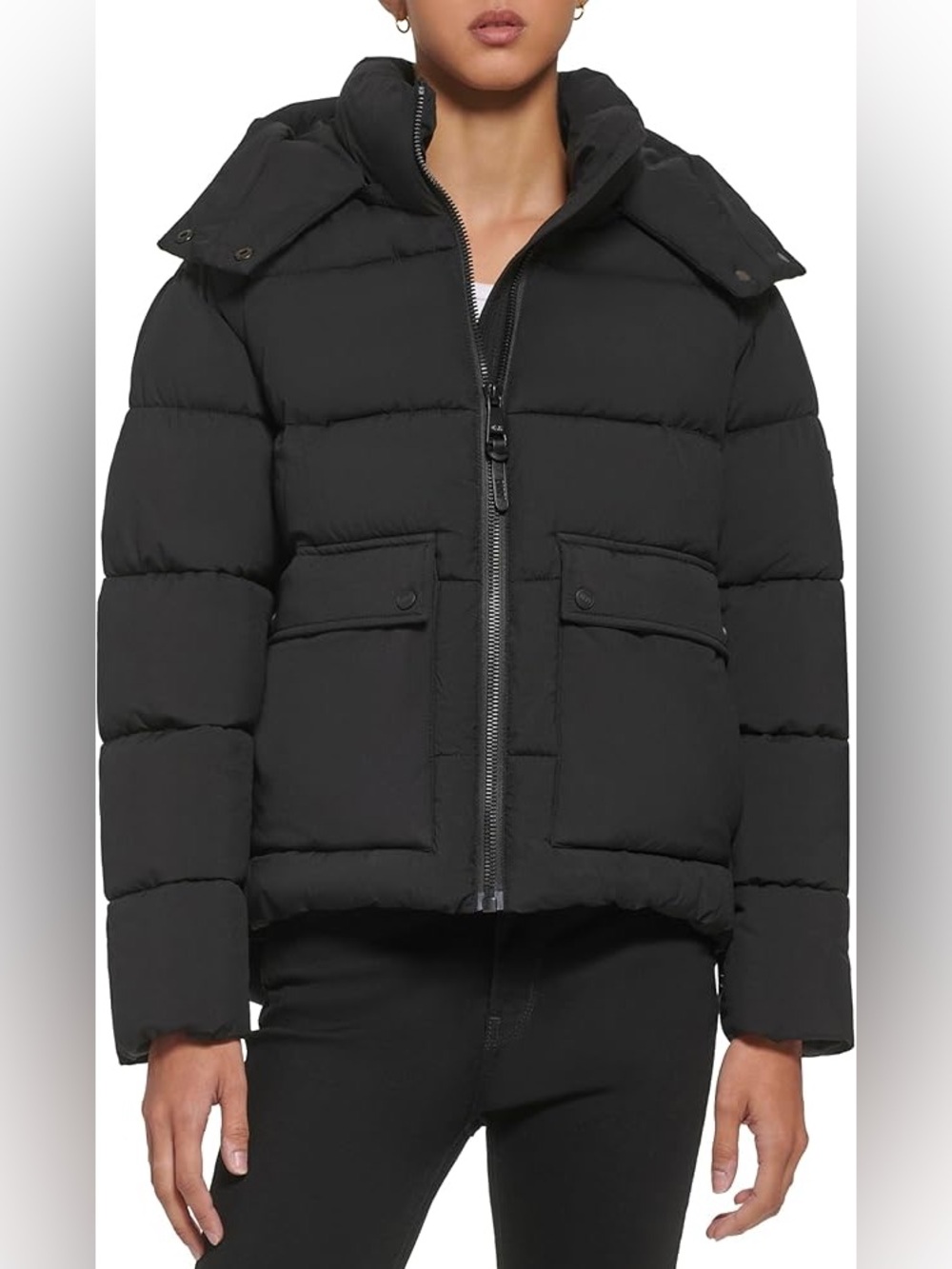 DKNY Women's Stylish Outerwear Cropped Puffer Jacket, Black Size XS/S